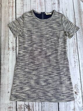 Women’s L Textured Short Sleeve Shift boutique Dress in Heathered Navy & Cream